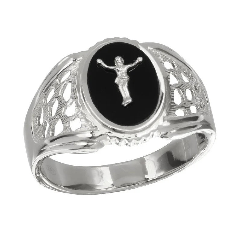 Ladies rings anniversary styles-Rhodium Plated 925 Sterling Silver Black Oval Body of Christ Ring - GMR00241RH