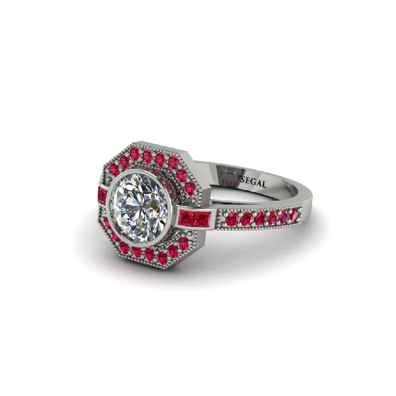 Ladies engagement rings emerald details-Ruby Octagon Halo Engagement Ring - Leia No. 48