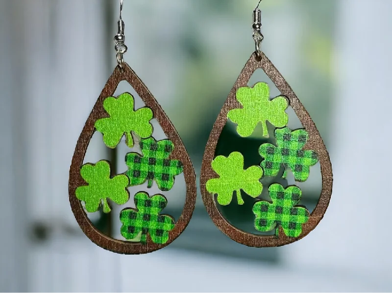 Ladies rings gift choices-Wooden Shamrock Teardrop Earrings