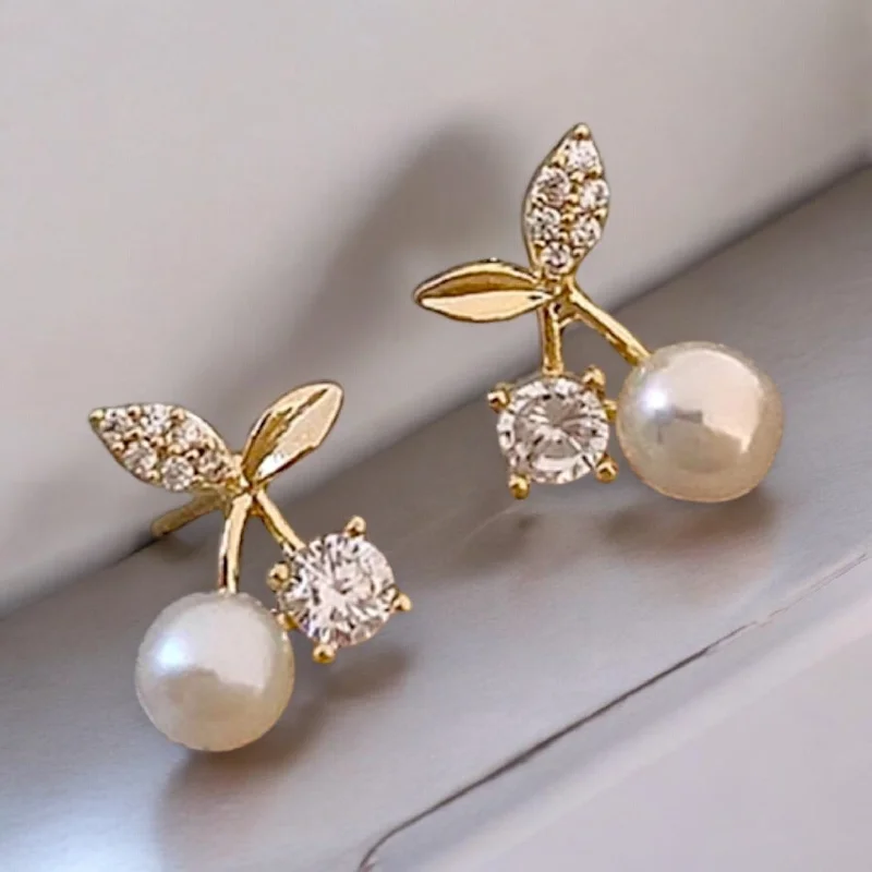 Ladies rings minimalist charm-Beautiful Rhinestone and Pearl Cherry Earrings