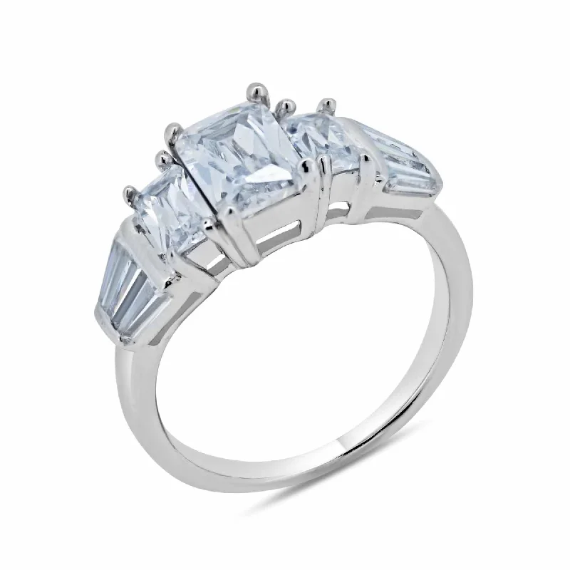 Ladies rings friendship rings-Rhodium Plated 925 Sterling Silver Clear Baguette Rectangular CZ Bridal Ring - BGR00066