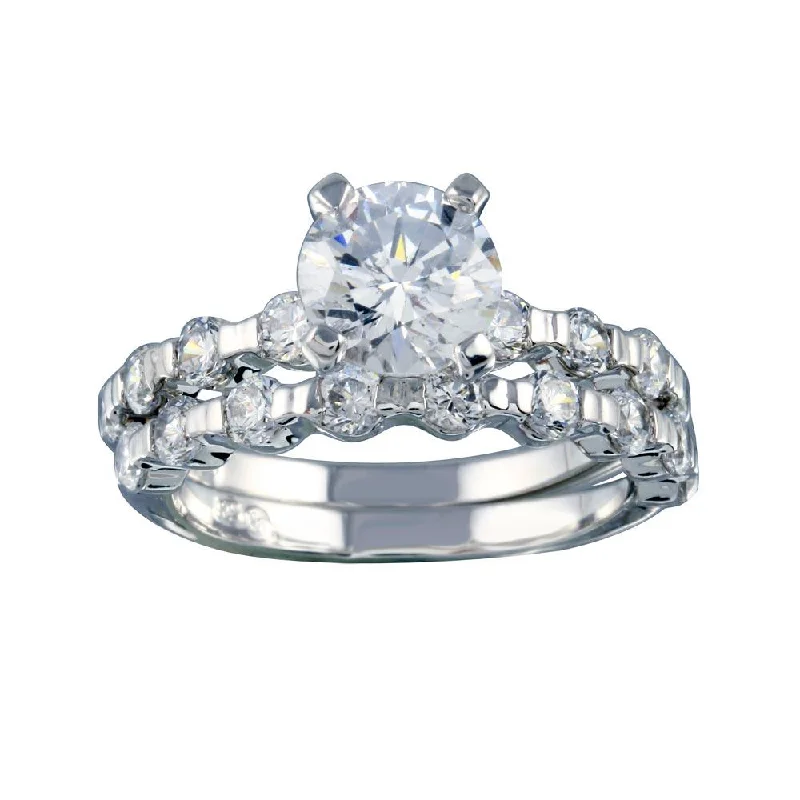 Ladies rings elegant looks-Rhodium Plated 925 Sterling Silver Clear Round Center CZ Bridal Ring Set - BGR00233