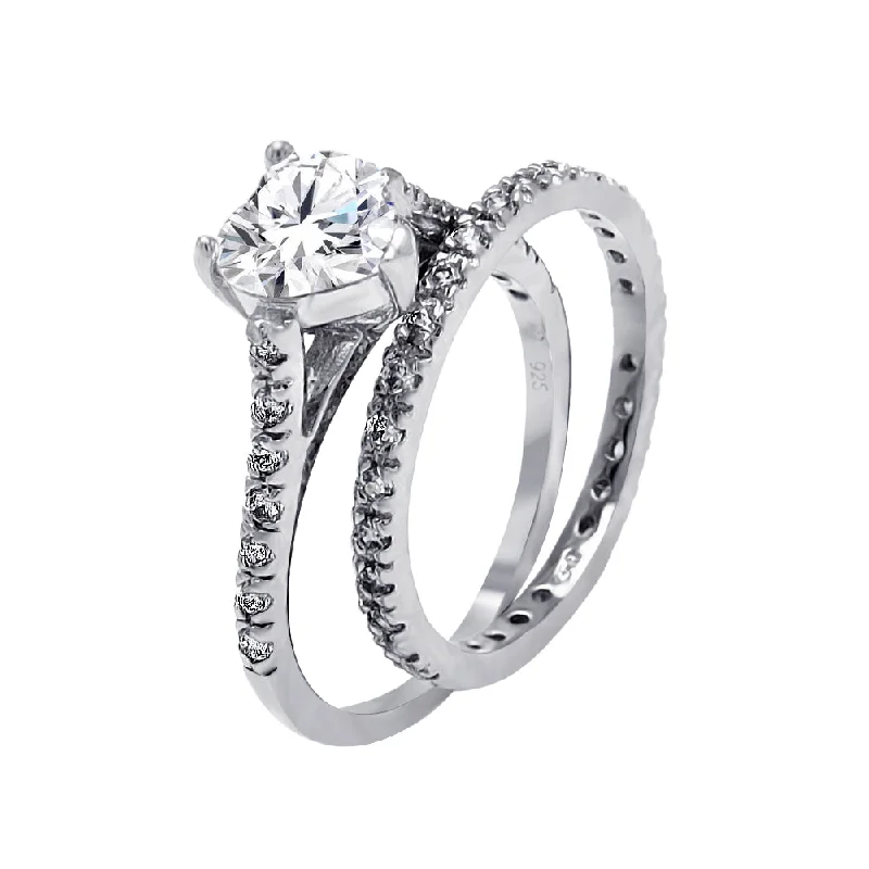 Ladies rings handmade crafts-Silver 925 Rhodium Plated Clear CZ Heart Bridal Ring Set - BGR00068