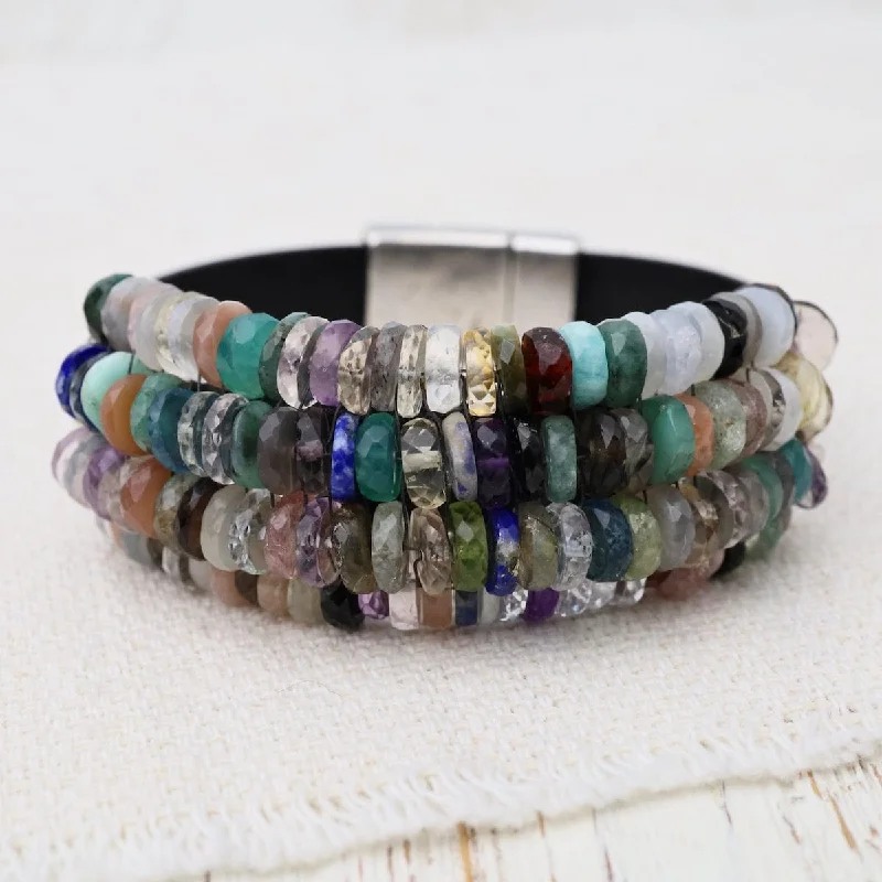 Ladies bracelets sister sets-Multi Colored Gemstones with Silver Nugget Trim Bracelet