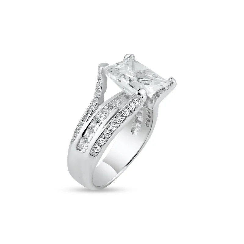 Ladies rings investment value-Silver 925 Rhodium Plated Princess Cut CZ Bridal Ring - BGR00071