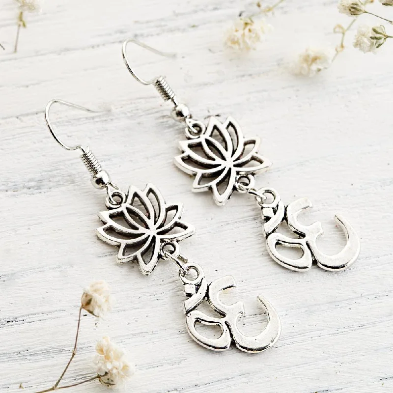 Ladies rings wedding accessories-Lotus Flower Om Earrings