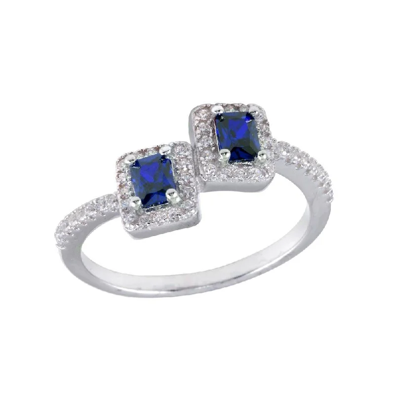 Ladies rings personalized-Rhodium Plated 925 Sterling Silver Double Square Blue Center CZ Ring - BGR01254BLU