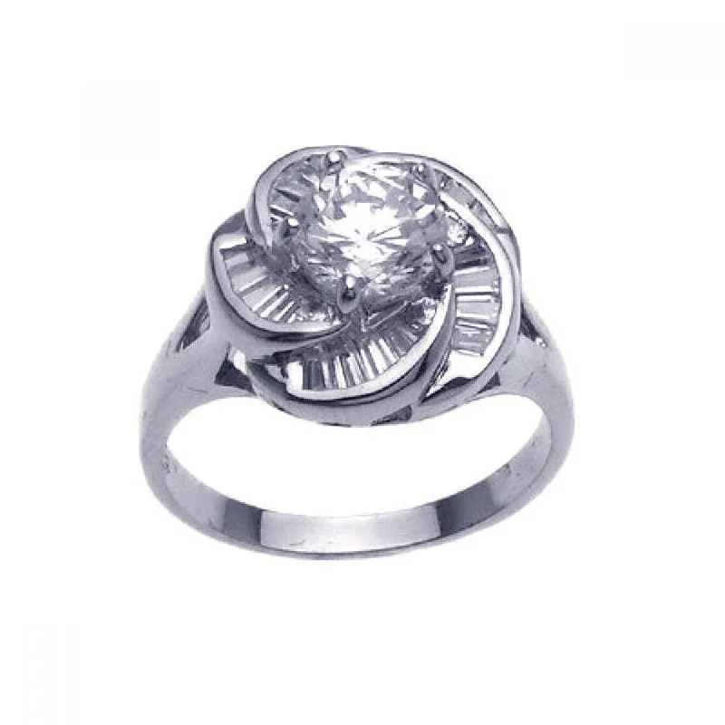 Ladies rings heart motifs-Silver 925 Rhodium Plated Clear Center CZ Spiral Flower Bridal Ring - BGR00213