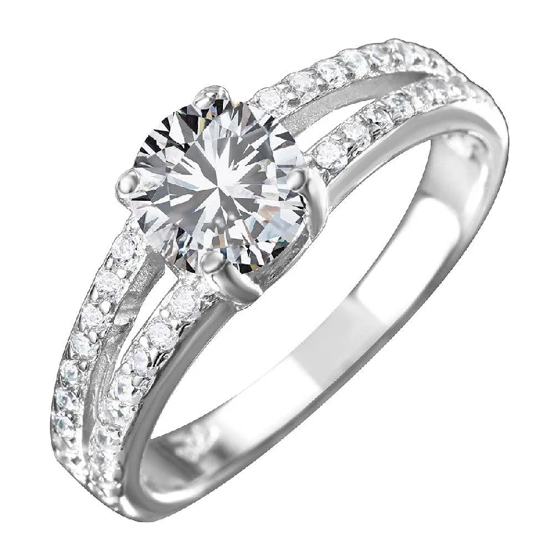 Ladies rings store locations-Silver 925 Rhodium Plated Split shank CZ Center Stone Ring - BGR01032