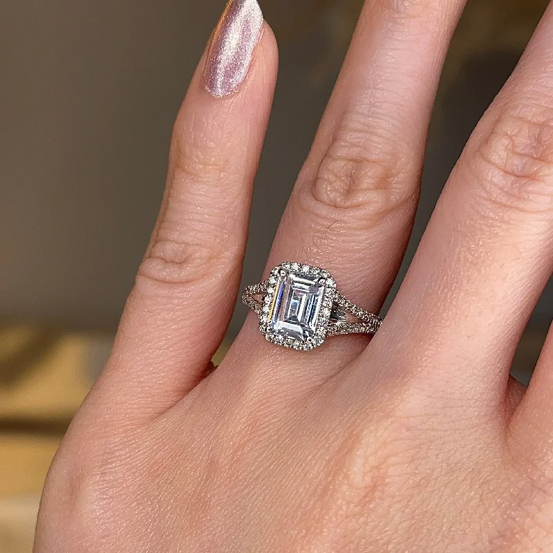 Ladies engagement rings modern flair-"Elora" Octagon Halo Emerald Cut Diamond Split Diamond Shoulder Engagement Ring HAEC08