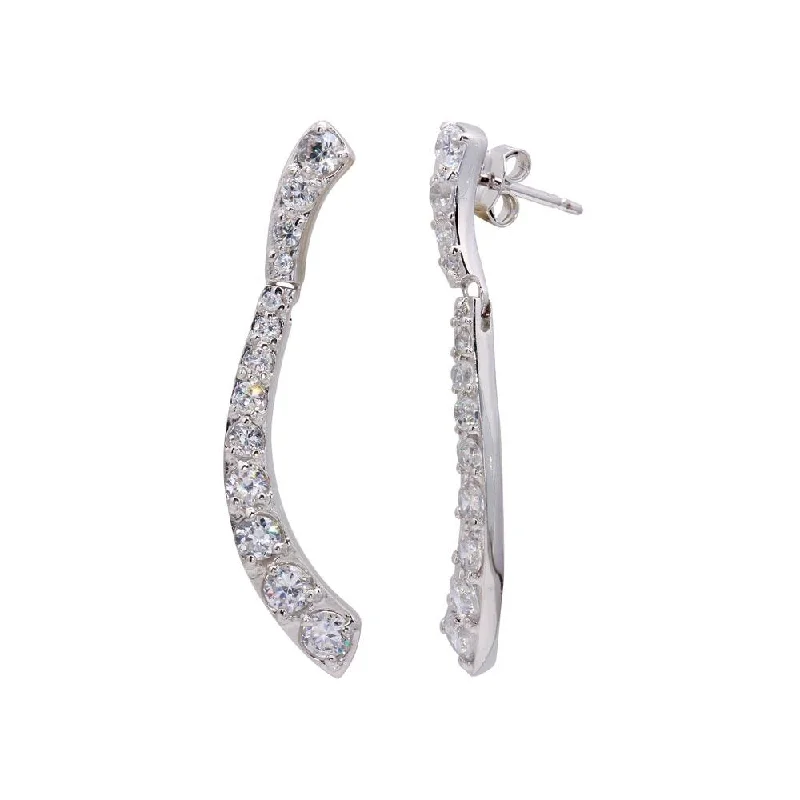 Ladies rings global brands-Silver 925 Rhodium Plated CZ Long Thin Curvy Earrings - STE00027