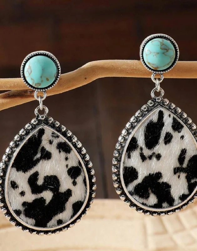 Ladies rings hypoallergenic-Beautiful Cow Print Waterdrop Earrings with Turquoise Stone Accent