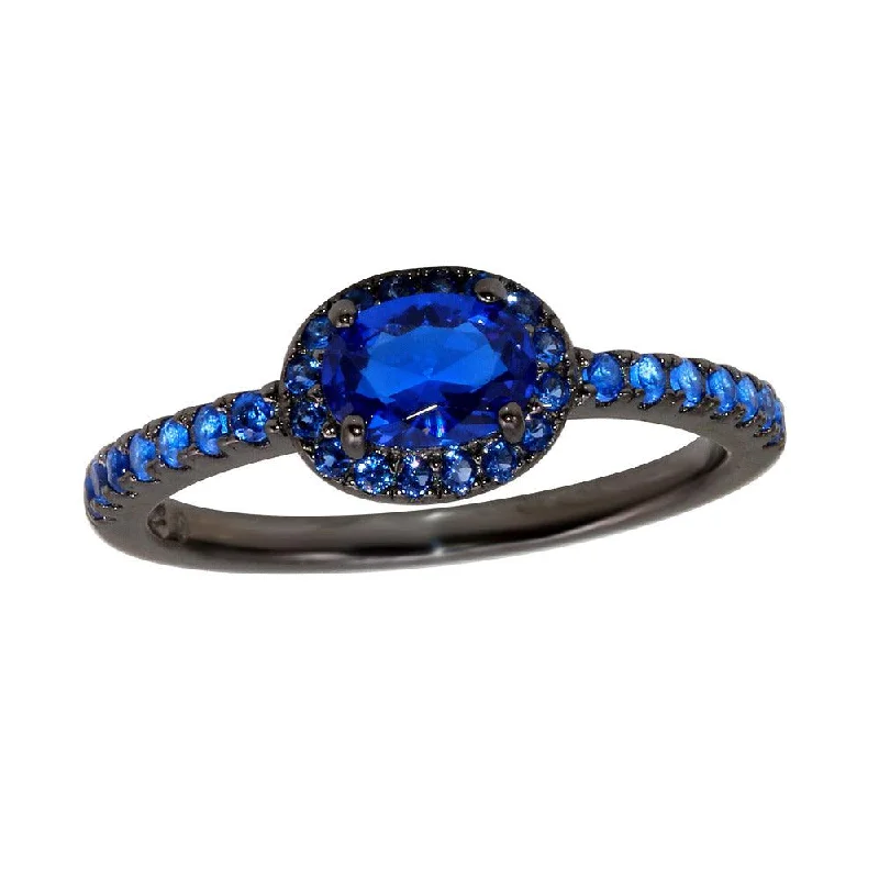 Ladies rings stacking trends-Black Rhodium Plated 925 Sterling Silver Blue Oval CZ Stone Ring - BGR01235