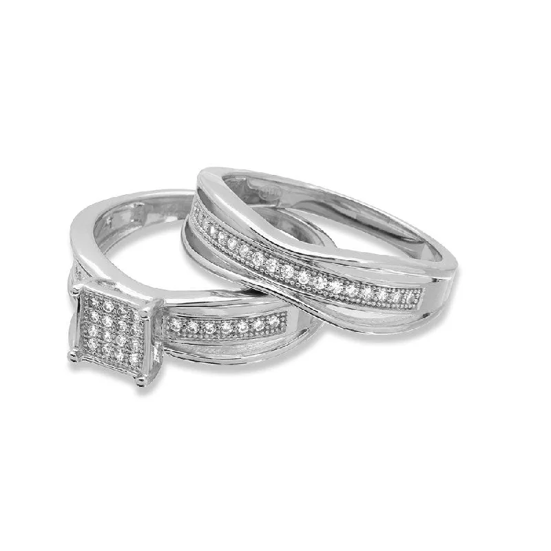 Ladies rings hypoallergenic-Silver 925 Rhodium Plated Square Center Trio Bridal Ring - GMR00156