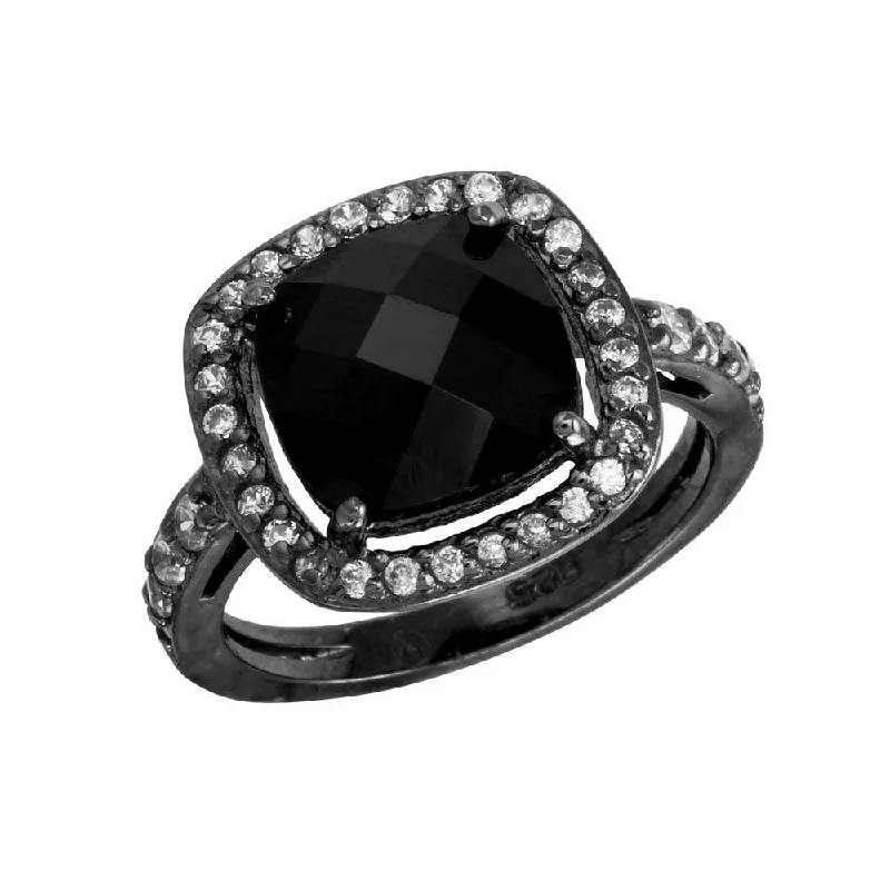 Ladies rings lightweight picks-Black Rhodium Plated 925 Sterling Silver Square Halo Black CZ Center Ring - STR00597BLK