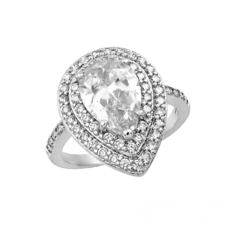 Ladies rings everyday wear-Silver 925 Rhodium Plated Clear Center and Cluster CZ Teardrop Ring - BGR00887CLR