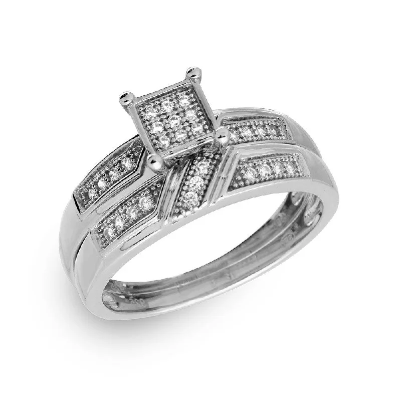 Ladies rings Christmas designs-Silver 925 Rhodium Plated Square Pave Center Trio Bridal Ring - GMR00172