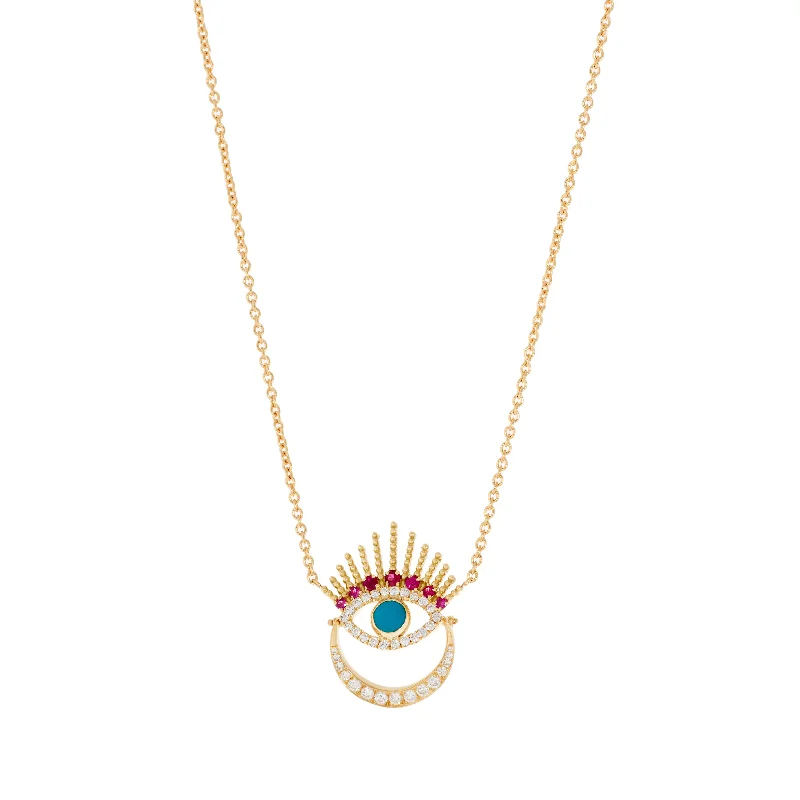 Serene Night-Moon Evil Eye Necklace with Diamonds