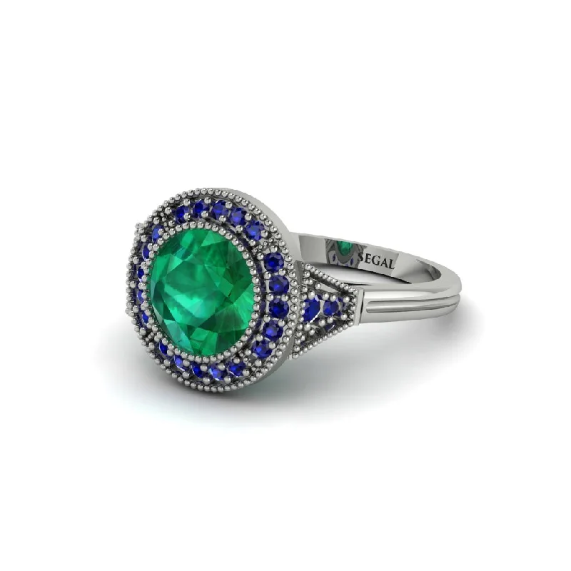 Ladies engagement rings celebrity styles-Round Cut Emerald Milgrain Halo Engagement Ring - Maggie No. 66