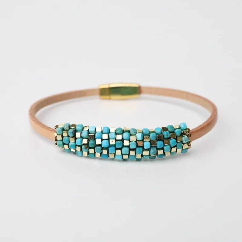 Ladies bracelets cute accents-Tiny Turquoise & Gold Plated Hematite Leather Bracelet