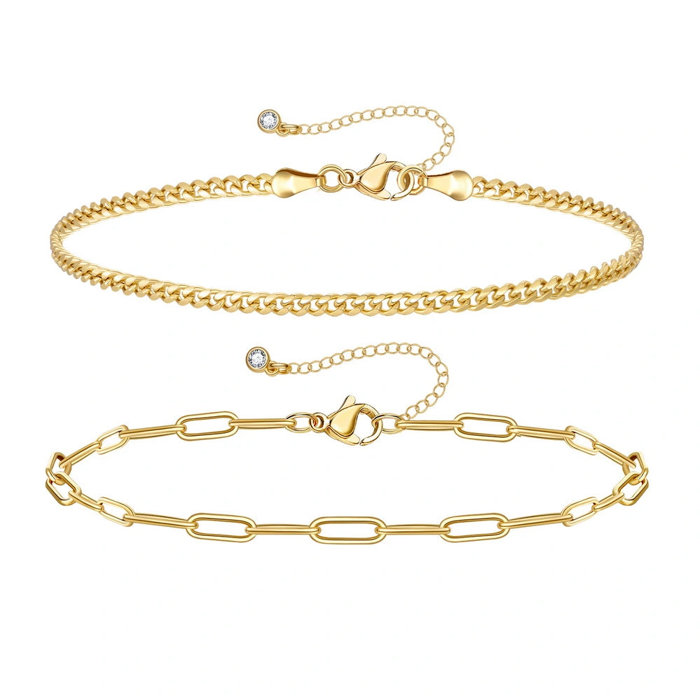 Ladies bracelets sentimental picks-Dainty 14k Gold Plated Layering Anklets Bracelets Set-Paperclip & 3mm Cuban