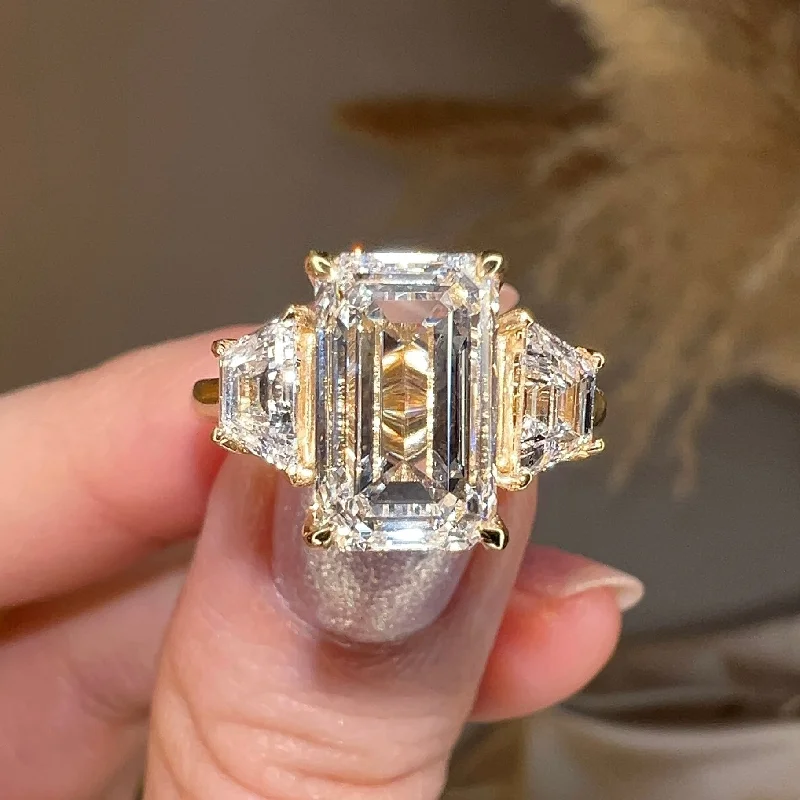 Ladies engagement rings twisted designs-"Celia" Trilogy Three Stone 5 Carat Emerald Cut Diamond Tapered Baguette Shoulder Engagement Ring