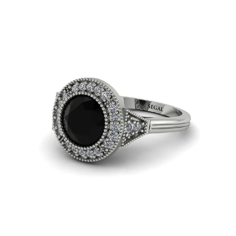 Ladies engagement rings floral patterns-Round Cut Black Diamond Milgrain Halo Engagement Ring - Maggie No. 9