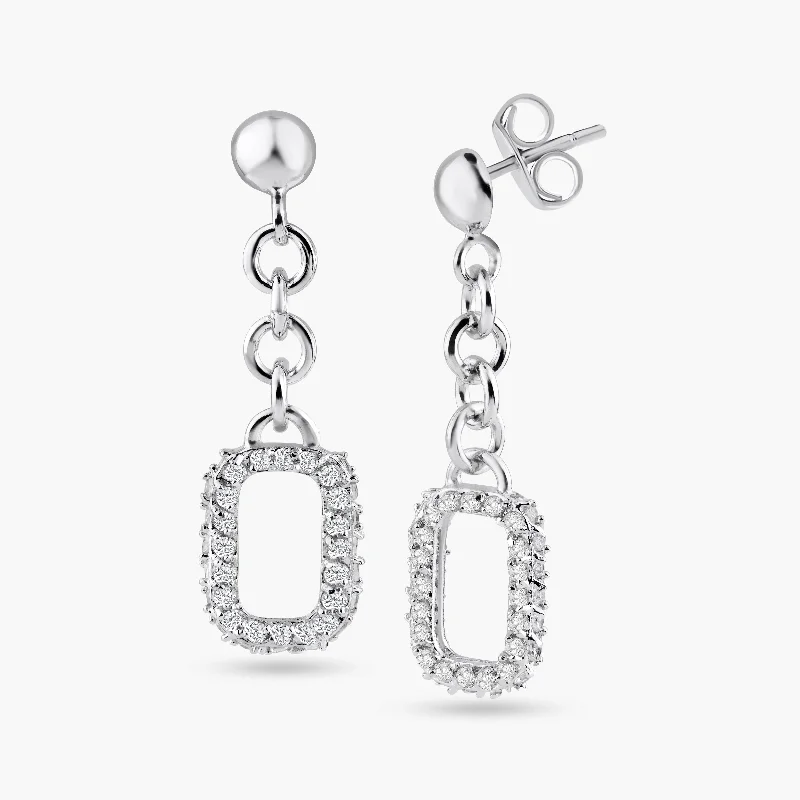 Ladies rings standout pieces-Silver 925 Rhodium Plated Open Rectangle Clear CZ Dangling Wire Earrings - BGE00053