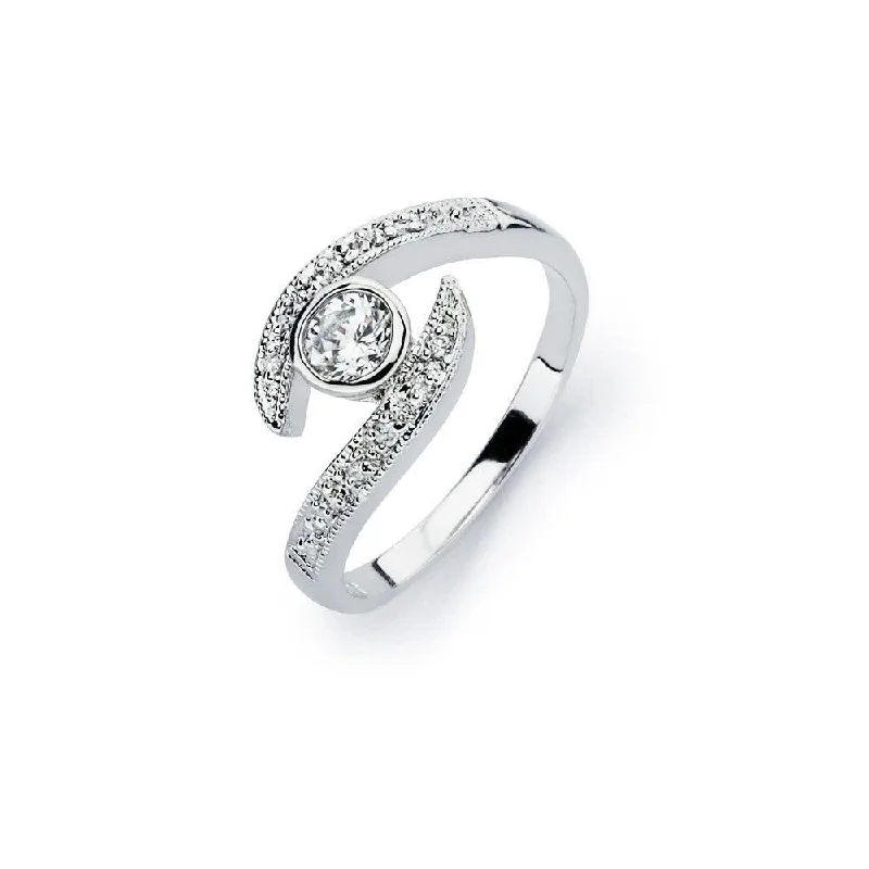 Ladies rings white gold-Silver 925 Rhodium Plated Clear Round Cut Center CZ Bridal Ring - BGR00564