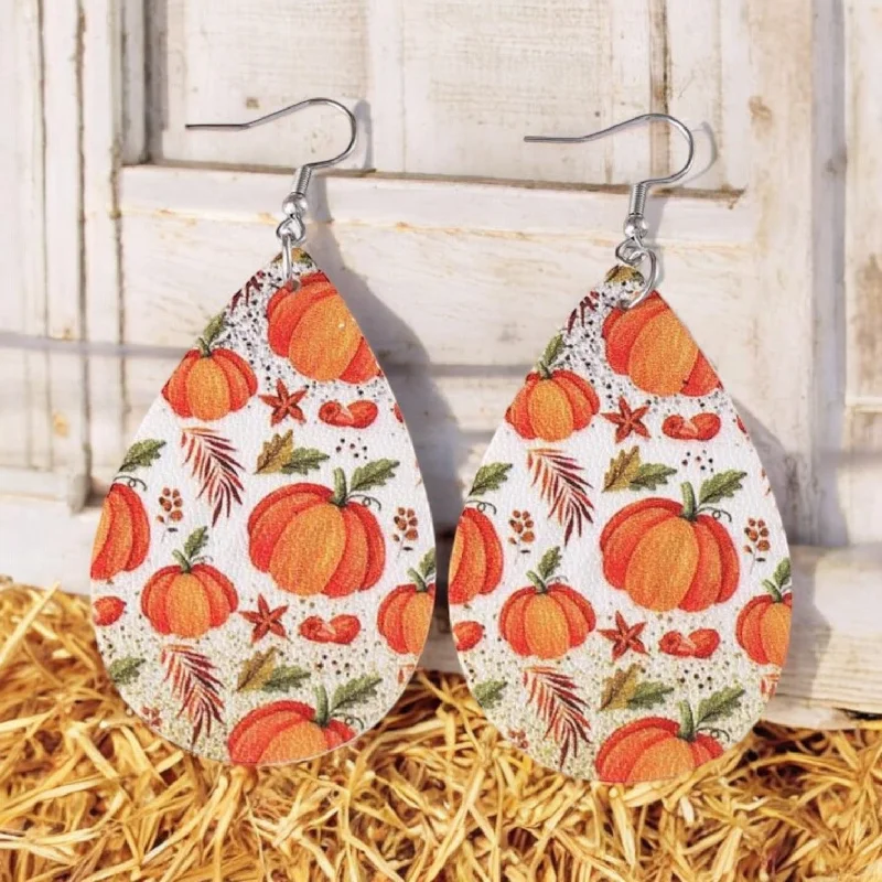 Ladies rings casual vibes-Beautiful Leather Pumpkin Teardrop Earrings