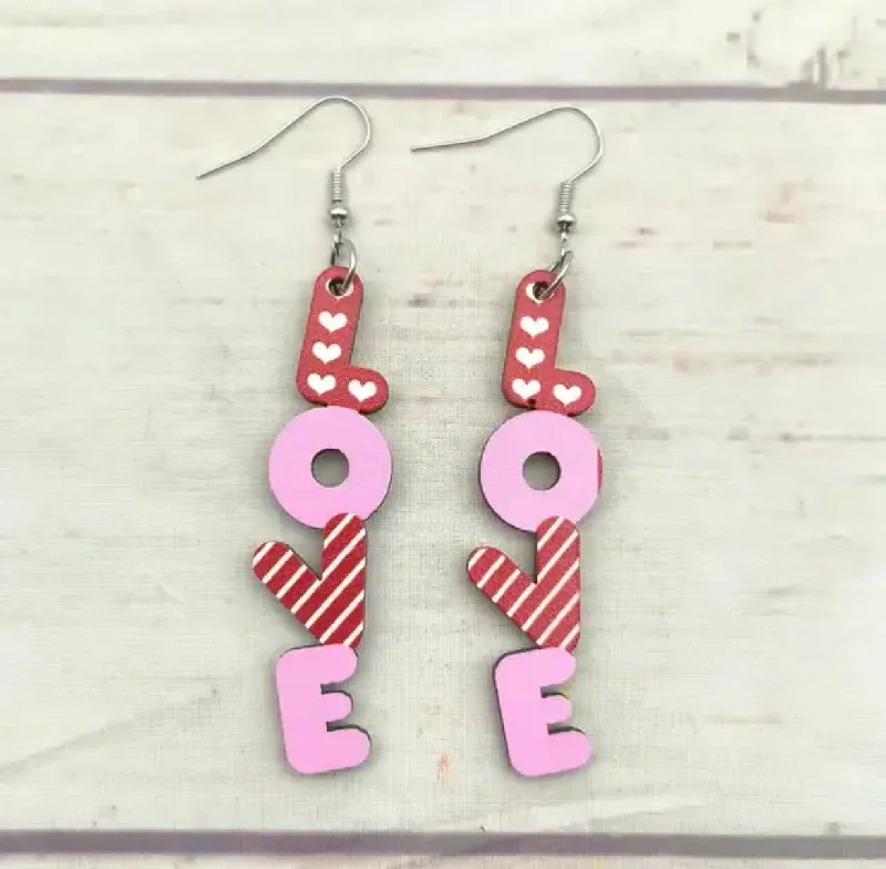 Ladies rings luxury picks-Wooden Pink and Red L-O-V-E Drop Earrings