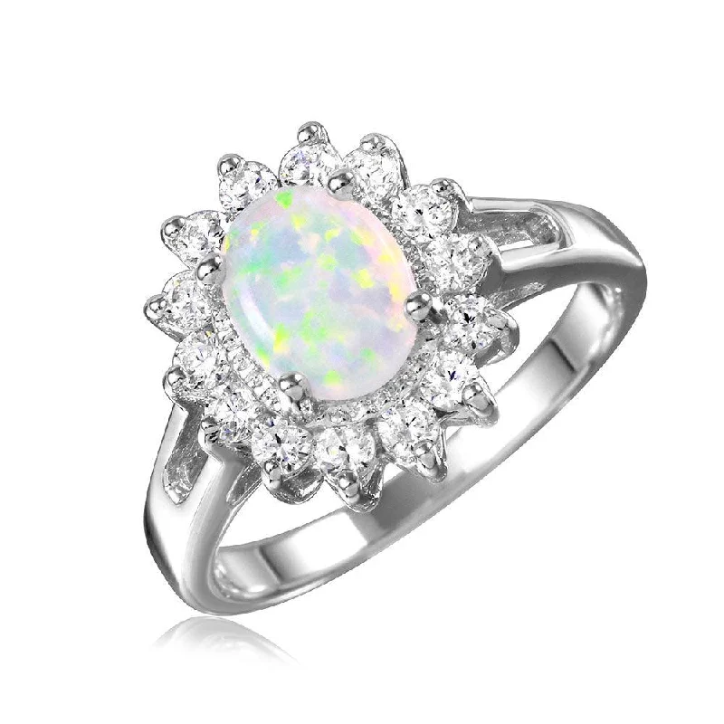 Ladies rings modern styles-Silver 925 Rhodium Plated Oval Halo Ring with Synthetic Opal Center Stone - BGR01027