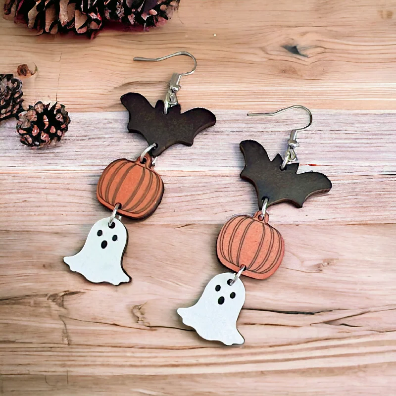 Ladies rings celebrity styles-Wooden Halloween Drop Earrings