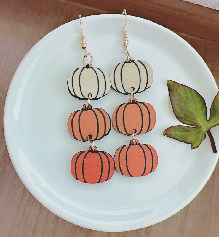 Ladies rings Christmas designs-Wooden Pumpkin Drop Earrings