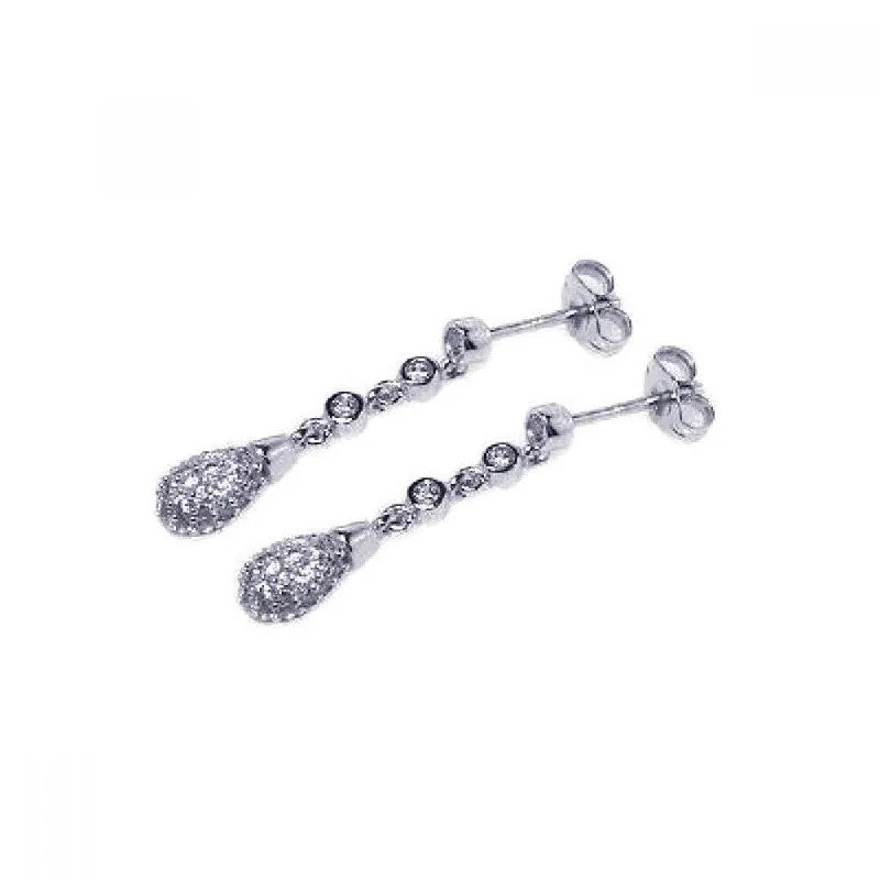 Ladies rings custom options-Silver 925 Rhodium Plated Micro Pave Clear Teardrop CZ Dangling Earrings - ACE00027