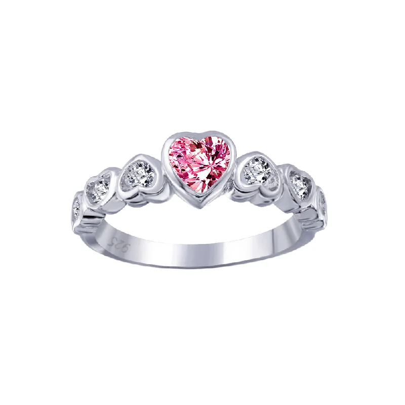 Ladies rings birthday surprises-Silver 925 Rhodium Plated Red Center CZ Heart Ring - BGR00014RED