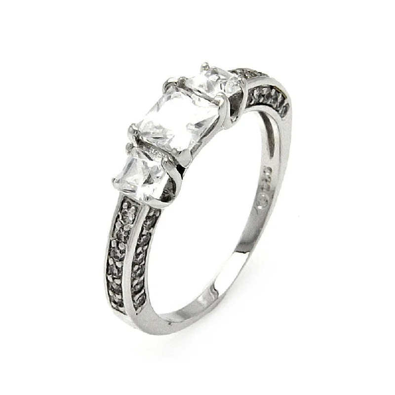 Ladies rings Mother’s Day-Silver 925 Rhodium Plated Clear Square CZ Bridal Past Present Future Ring - BGR00472