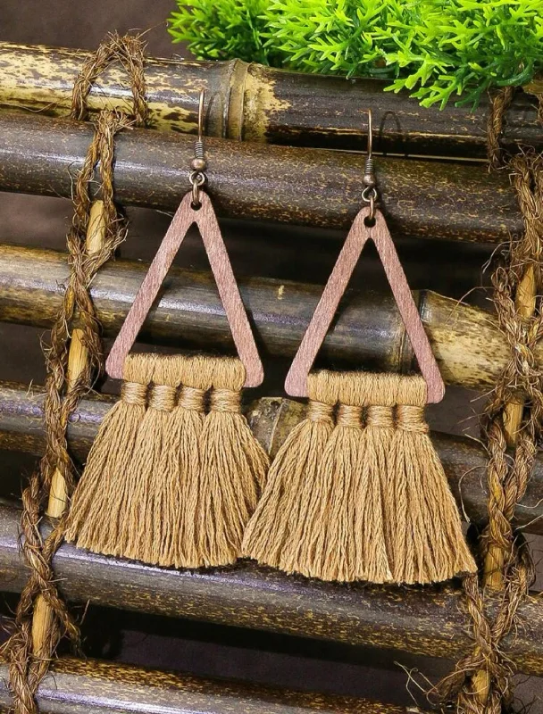 Ladies rings star accents-Wooden Triangle Tassel Earrings