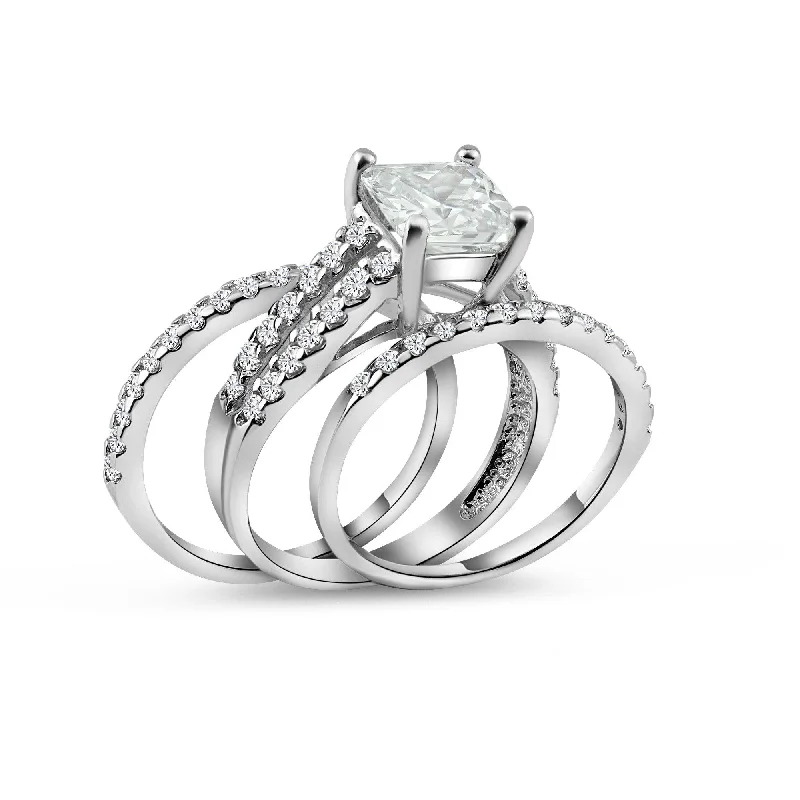 Ladies rings sale offers-Rhodium Plated 925 Sterling Silver Clear Princess Cut Pave Set CZ Bridal Ring Set - BGR00081