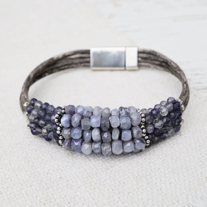 Ladies bracelets vintage charm-Hand Stitched Banded Iolite with Silver Trim on Multi Strand Leather Bracelet