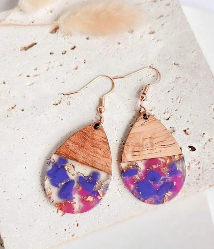 Ladies rings standout pieces-Purple and Pink Wooden Teardrop Earrings