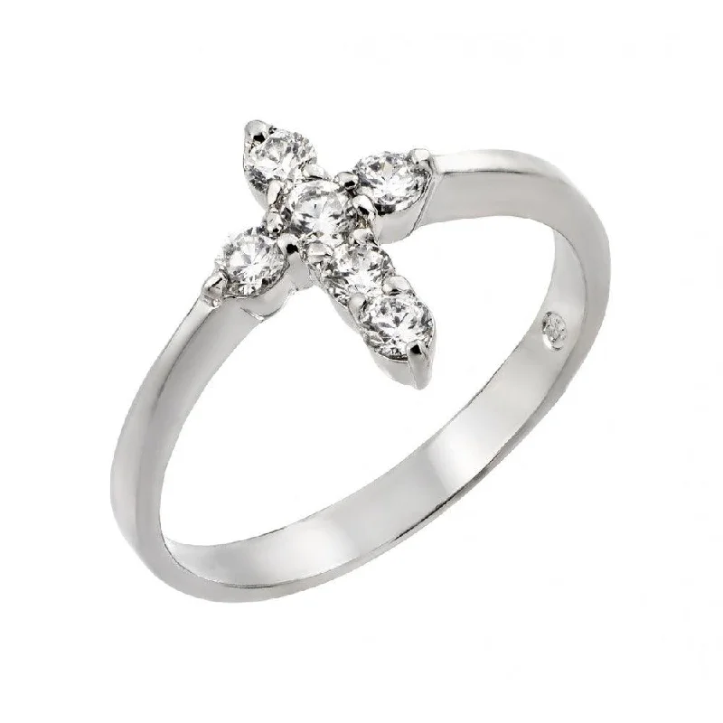 Ladies rings viral picks-Silver 925 Rhodium Plated Clear CZ Mini Cross Ring - BGR00768