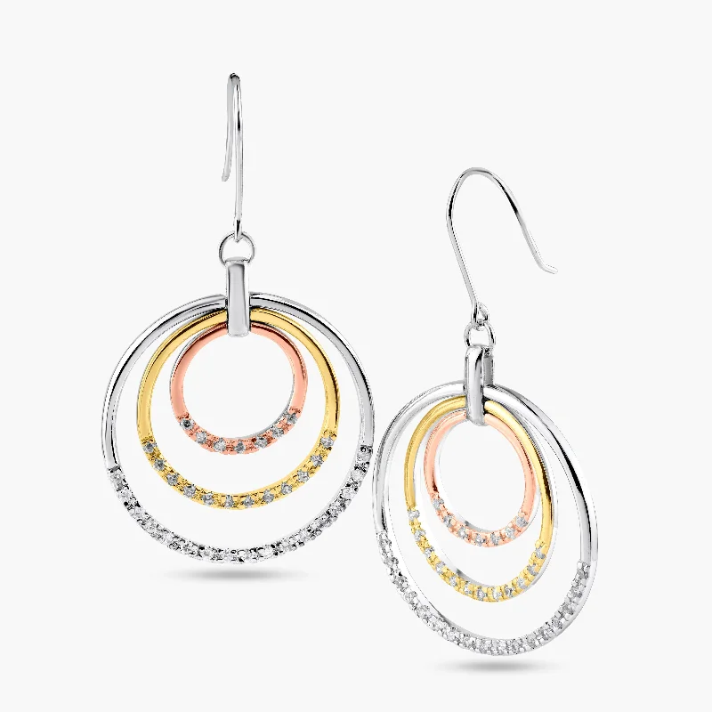 Ladies rings luxurious designs-Silver 925 Gold and Silver Rhodium Plated Multiple Open Circle Clear CZ Dangling Hook Earrings - BGE00051