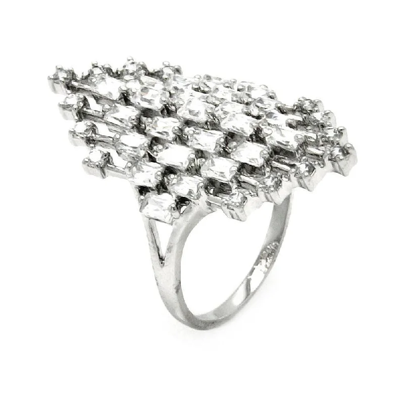 Ladies rings colorful stones-Silver 925 Rhodium Plated Clear Baguette and Round CZ Diamond Shaped Ring - BGR00441