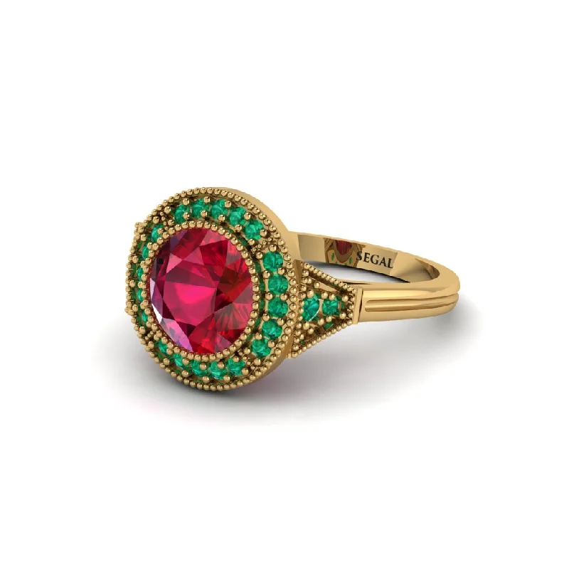 Ladies engagement rings latest trends-Round Cut Ruby Milgrain Halo Engagement Ring - Maggie No. 25