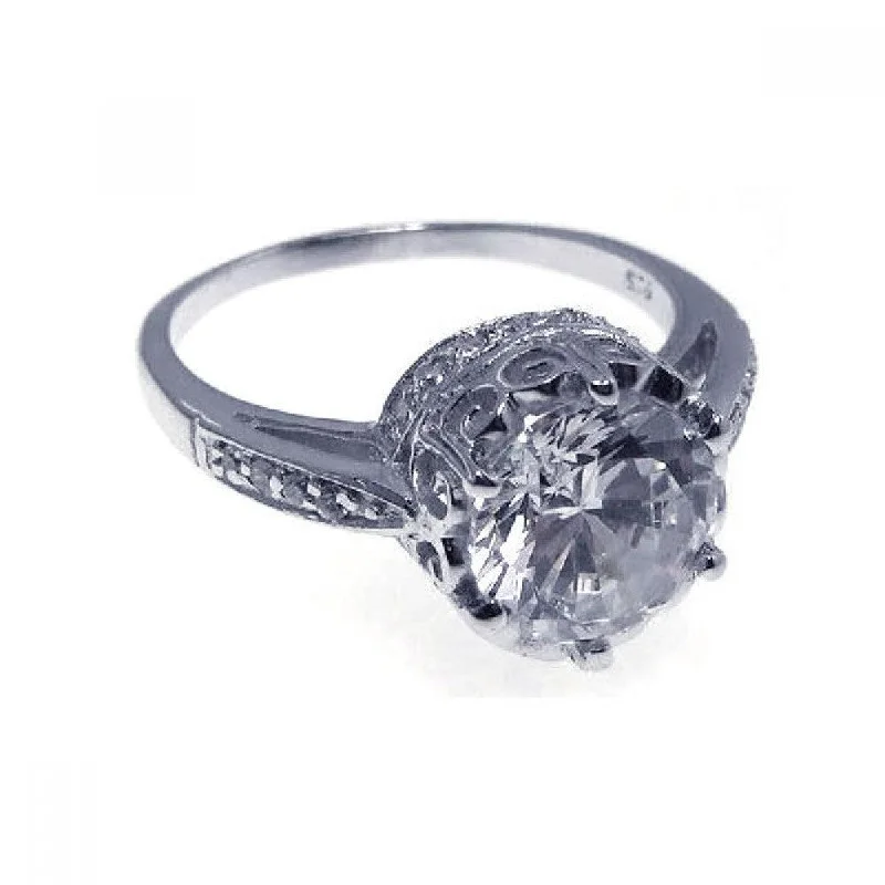 Ladies rings designer brands-Silver 925 Rhodium Plated CZ Round Antique Ring - STR00523