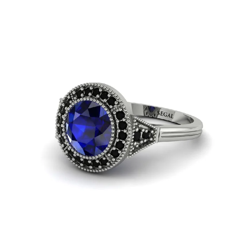 Ladies engagement rings holiday specials-Round Cut Sapphire Milgrain Halo Engagement Ring - Maggie No. 45