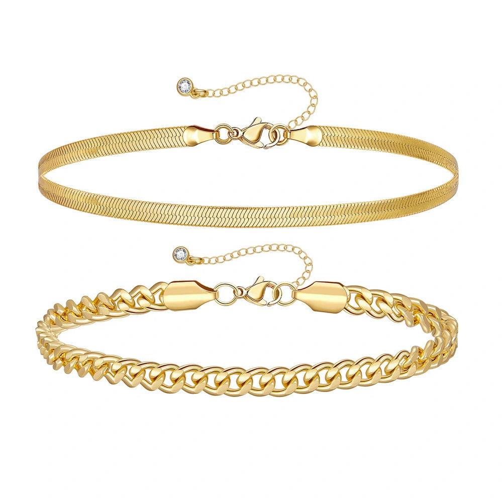 Ladies bracelets proposal surprises-Dainty 14k Gold Plated Layering Anklets Bracelets Set-Cuban & Snake