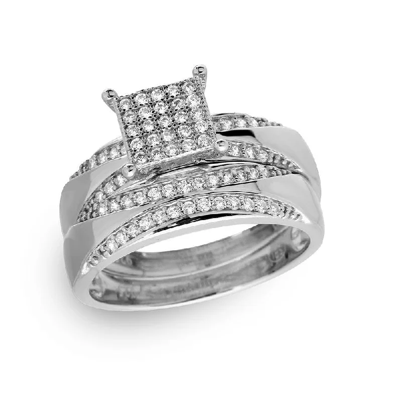 Ladies rings investment value-Silver 925 Rhodium Plated Square Pave Center Trio Bridal Ring - GMR00160