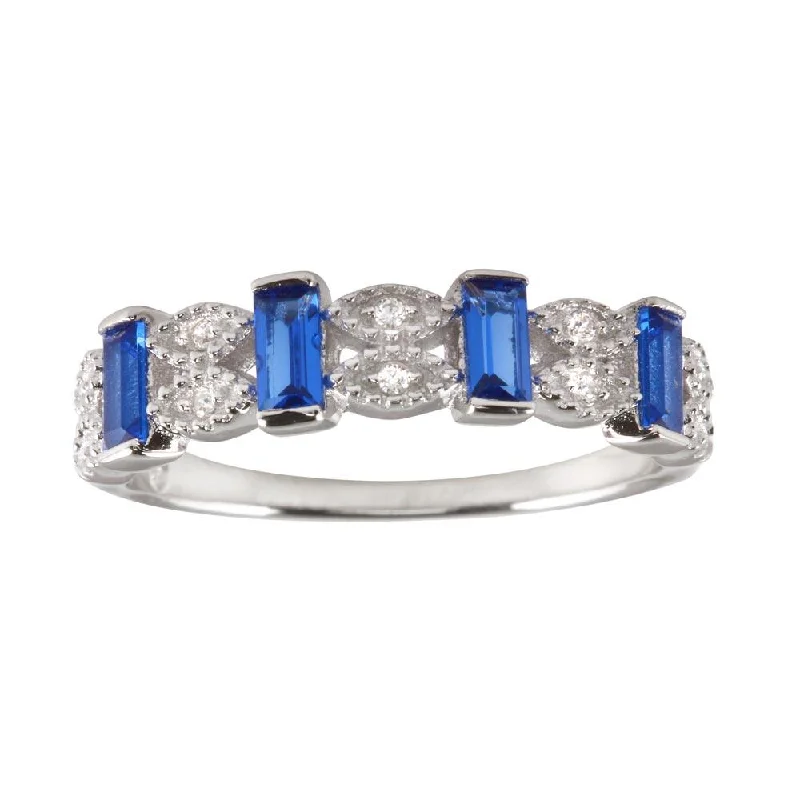 Ladies rings luxurious designs-Rhodium Plated 925 Sterling Silver Blue Bar CZ Link Ring  - BGR01223BLU